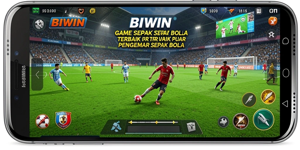 Tangkapan layar gameplay <strong>BIWIN</strong> yang menampilkan aksi sepak bola yang mendebarkan.
