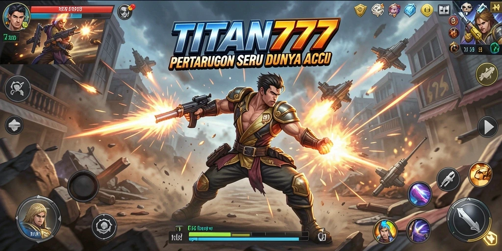 Tampilan seru gameplay TITAN777 saat bertarung melawan musuh.
